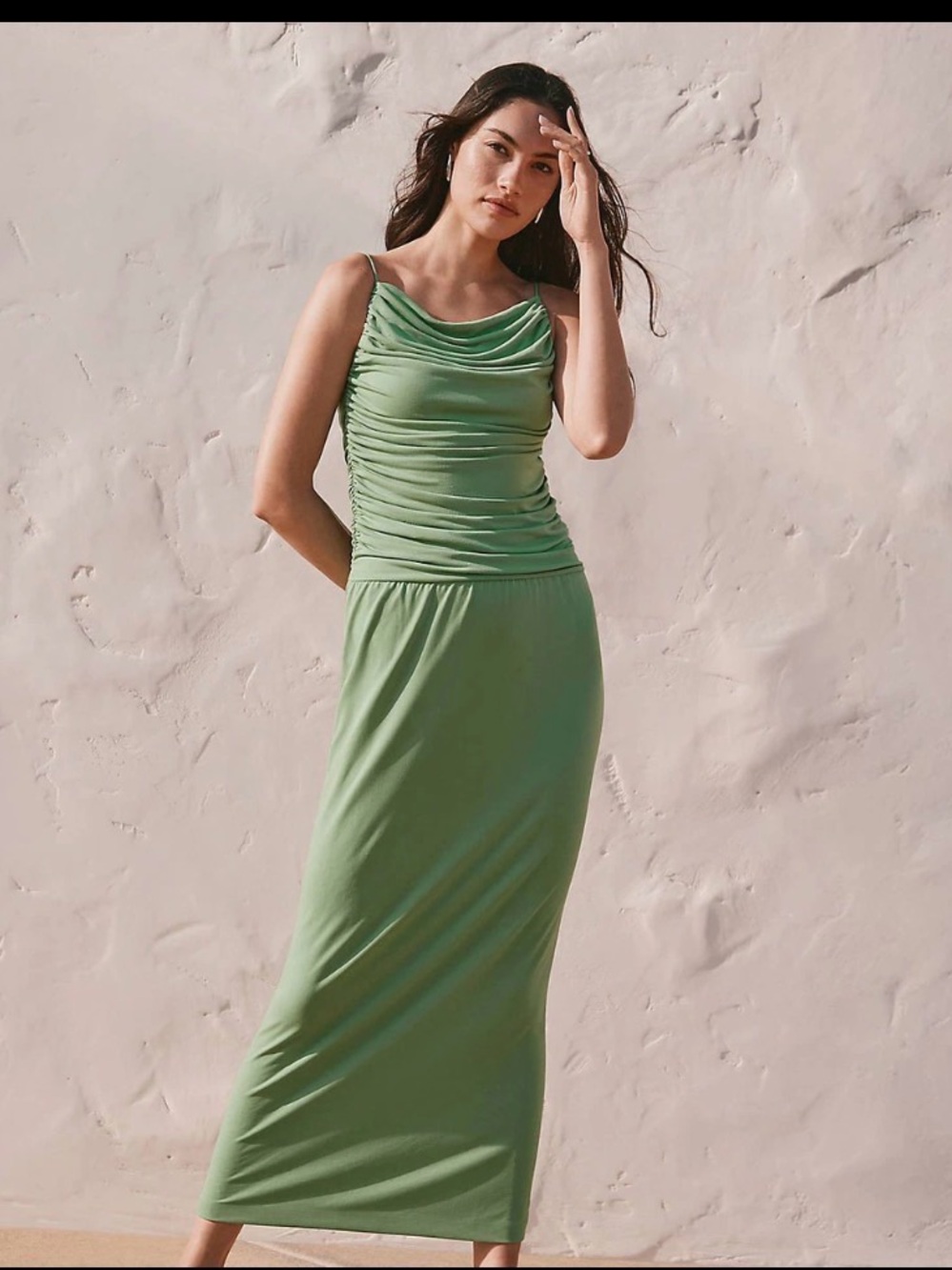 Loft Green Ruched Cowl Neck Maxi Dress